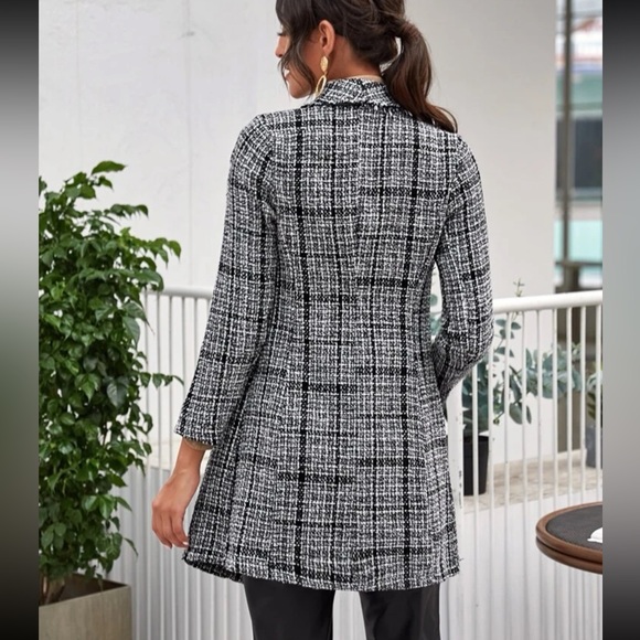 Double Button Plaid Tweed Coat- Black & White - Picture 3 of 6